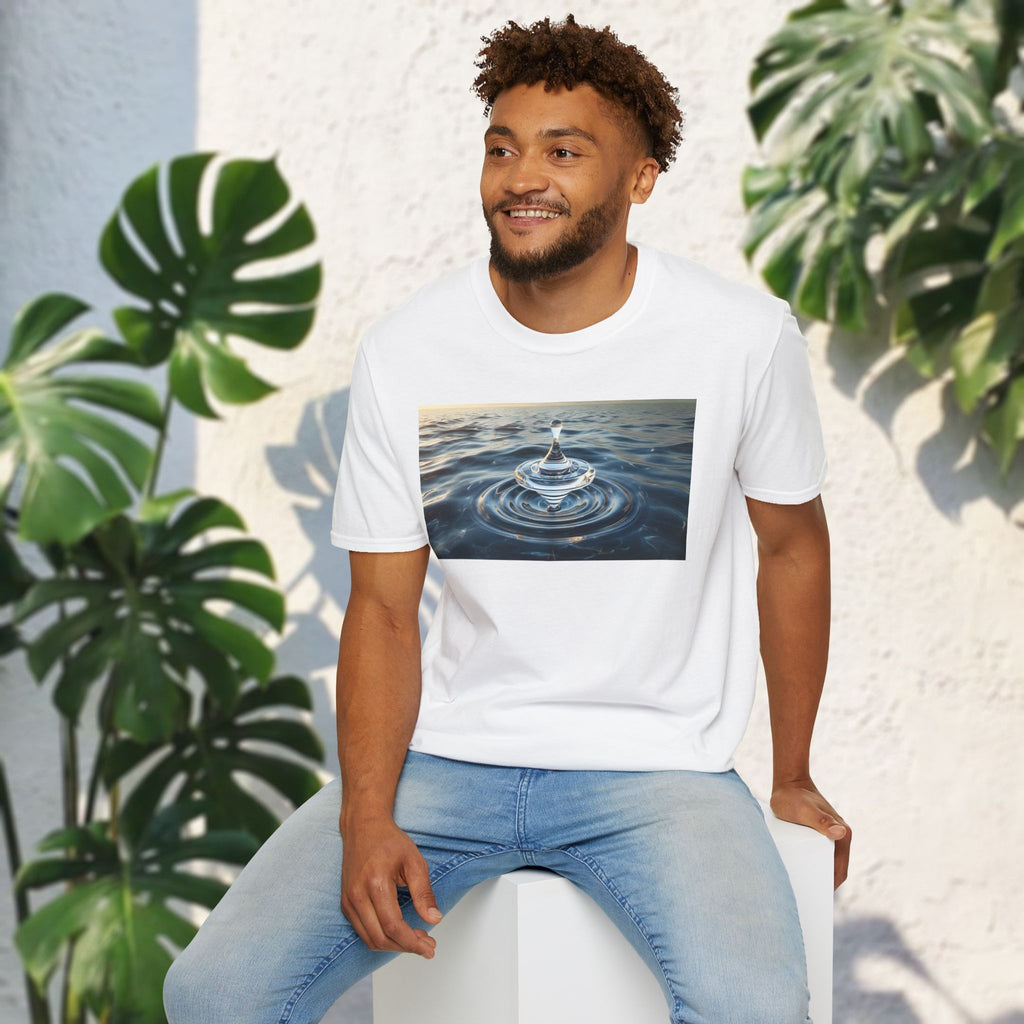 Glass Balance T-Shirt – Surreal Spinning Top Over Water | Reflective Zen Aesthetic Tee