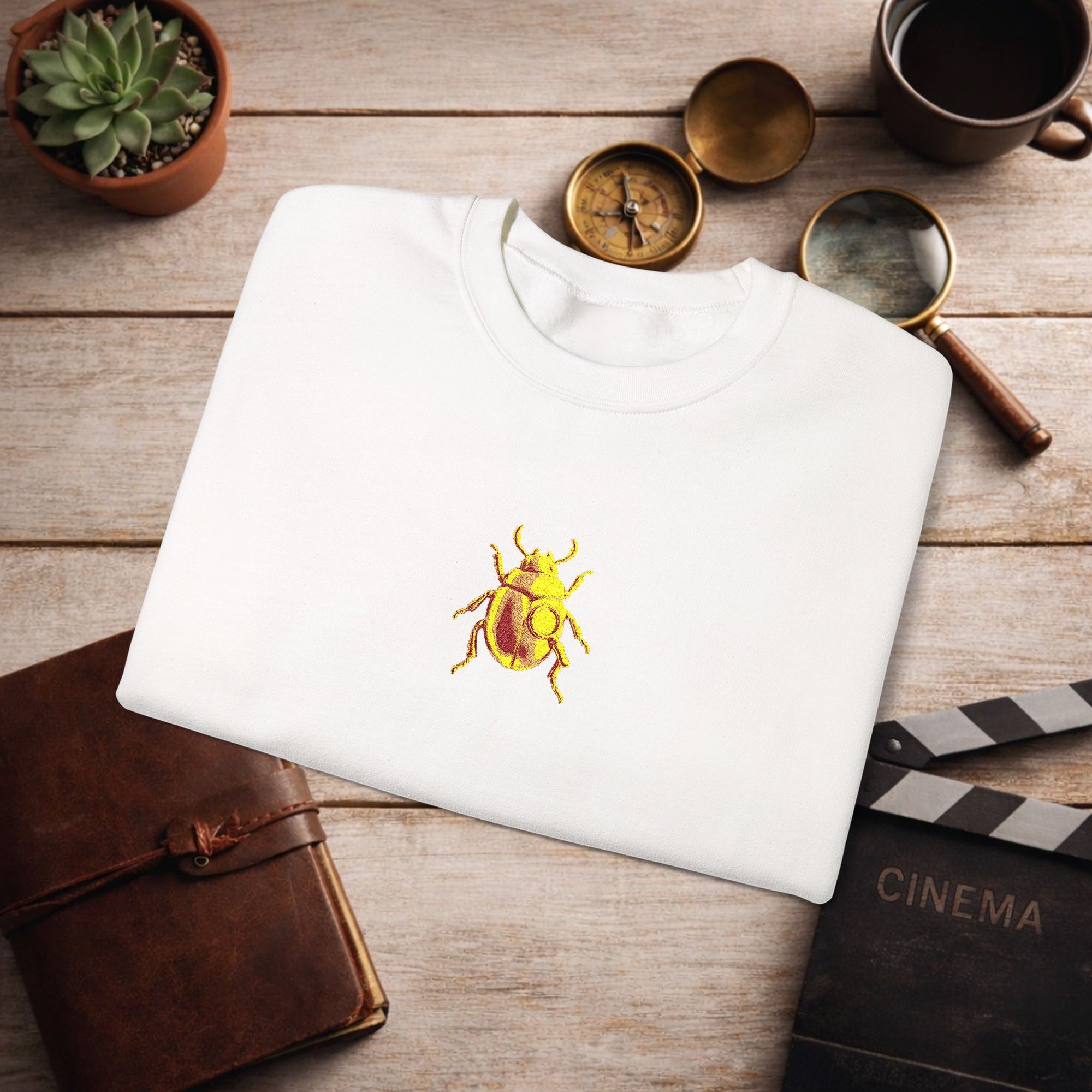 Embroidered Golden Beetle Sweatshirt | Minimal Mystery Insect Design | Unisex Long Sleeve Crewneck | Retro Aesthetic Streetwear