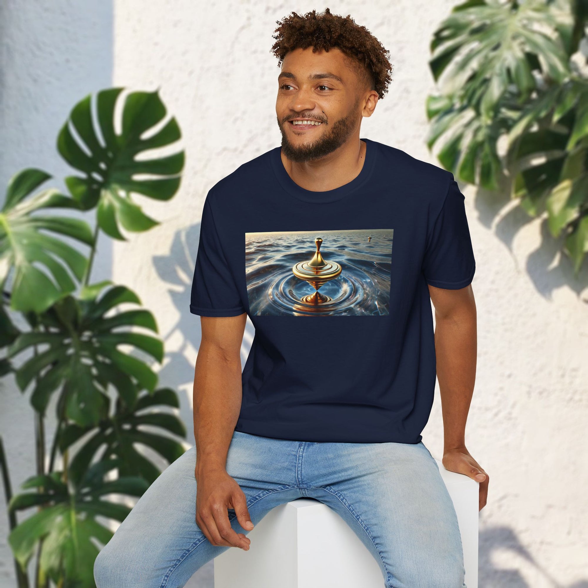 Golden Balance T-Shirt – Surreal Spinning Top Over Water | Reflective Zen Aesthetic Tee