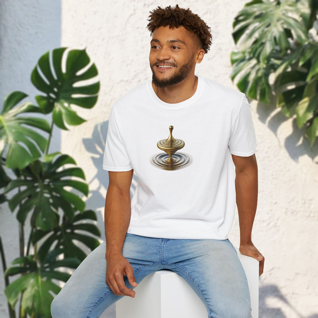 Golden Spin T-Shirt – Shiny Spinning Top Art Tee | Balance in Motion Graphic Shirt