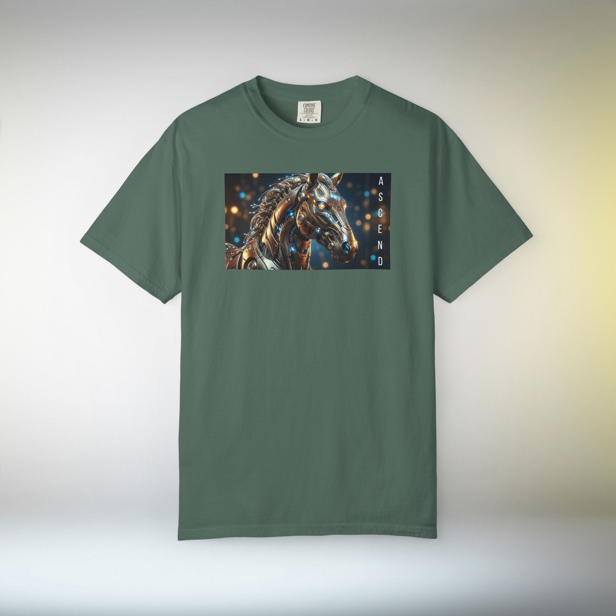 ASCEND Cyber Horse T-Shirt | Futuristic Steampunk Mechanical Animal Graphic Tee, Sci-Fi Streetwear Unisex