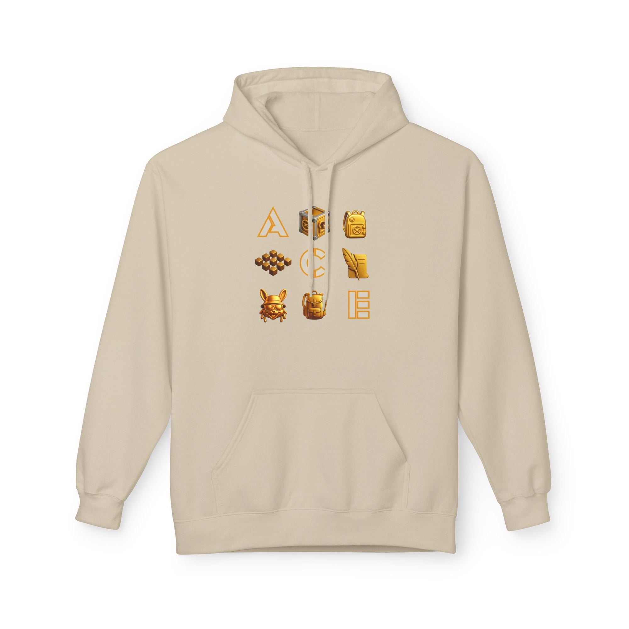 ACE Icon Hoodie – Golden Vault Game Symbols, Retro Gamer Puzzle Graphic Hoodie