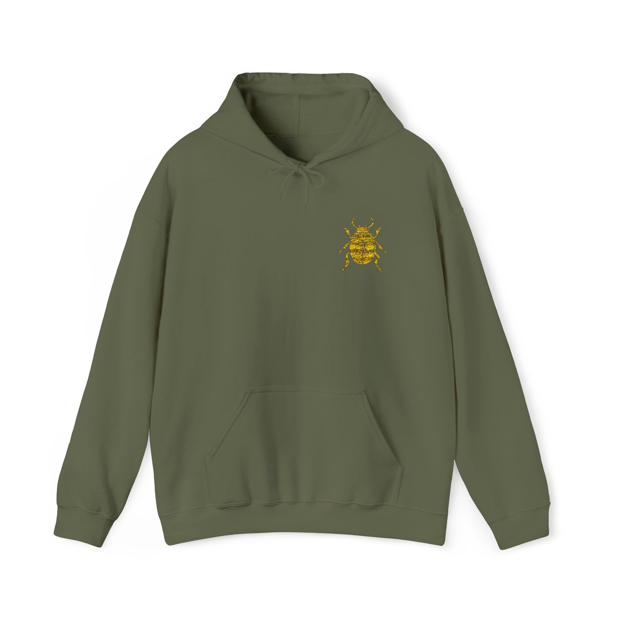 Gold Beetle Embroidered Hoodie – Futuristic Steampunk Insect, Unique Golden Bug Fashion Top | Unisex Heavy Blend Hooded Sweatshirt