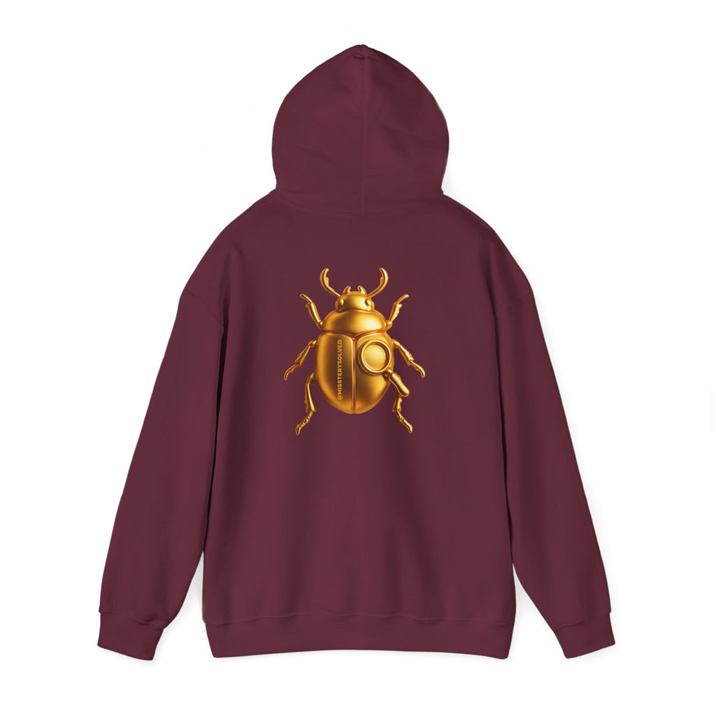 Gold Scarab Beetle Hoodie – Futuristic Steampunk Insect | Unisex Heavy Blend Hooded Sweatshirt Front and Back Graphic