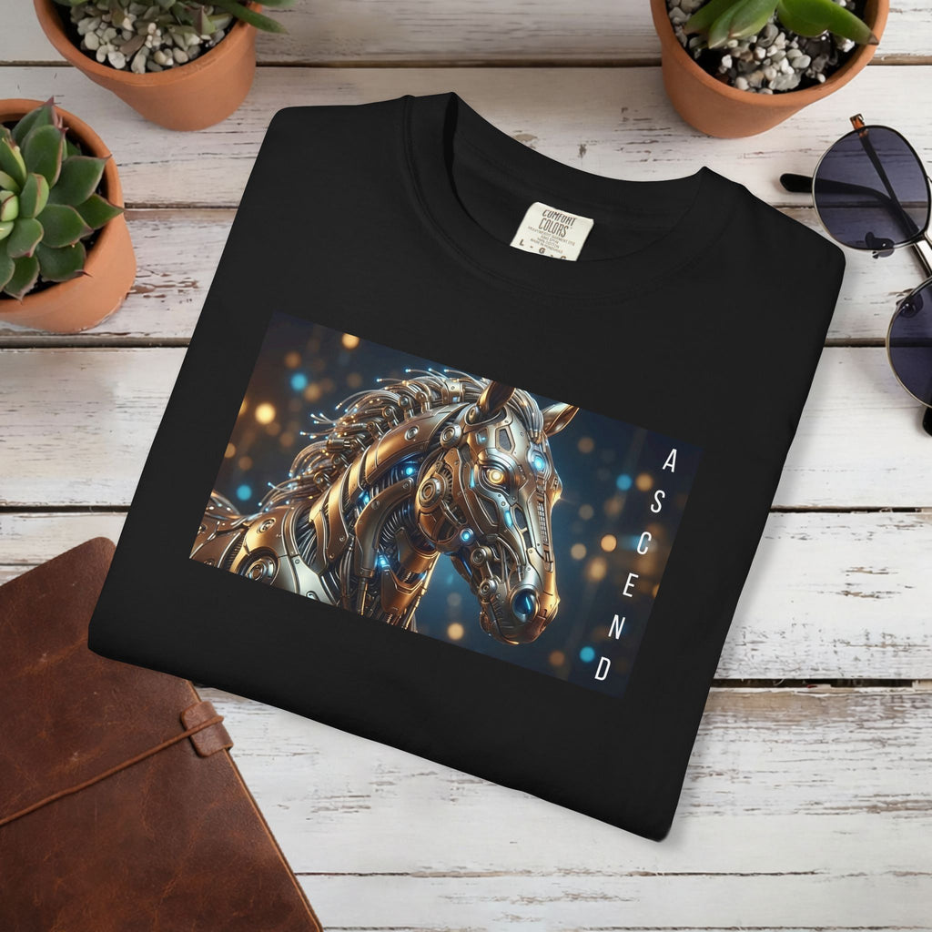 ASCEND Cyber Horse T-Shirt | Futuristic Steampunk Mechanical Animal Graphic Tee, Sci-Fi Streetwear Unisex