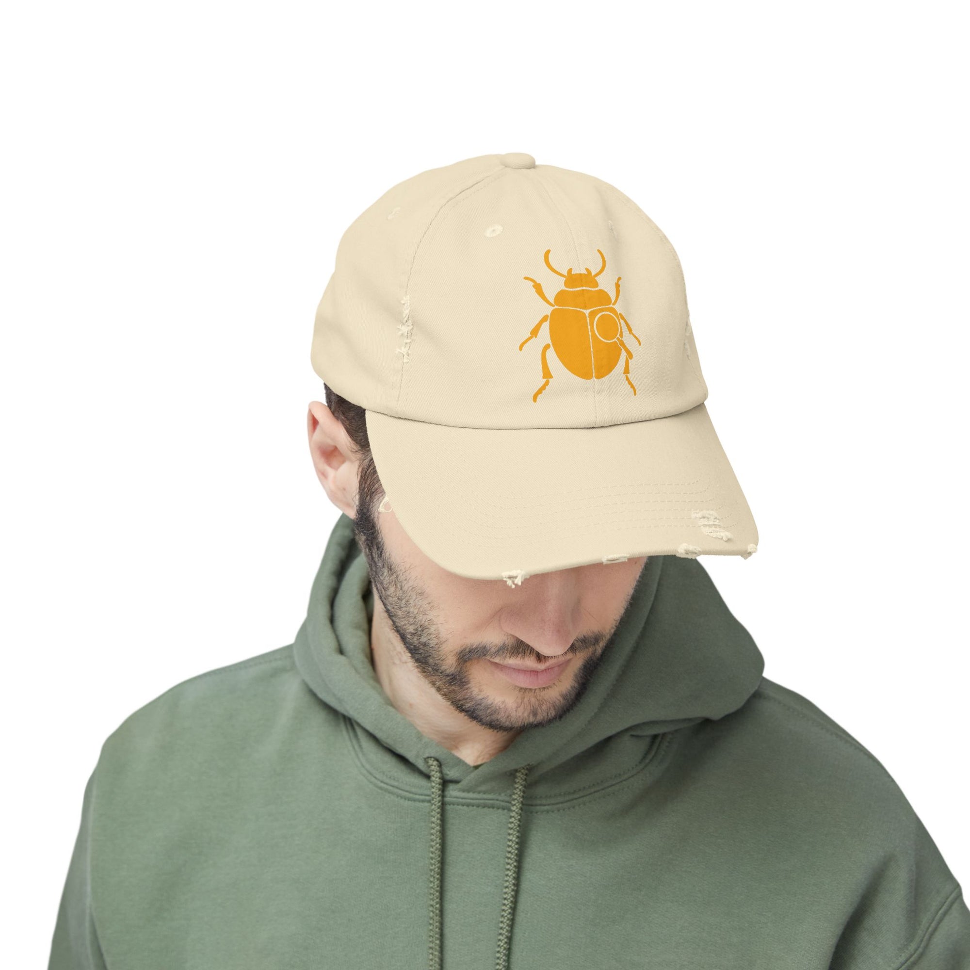 Classic Unisex Distressed Cap with Gold Beetle Embroidery – Retro Bug Design, Cool Streetwear Golden Insect Aesthetic Cap
