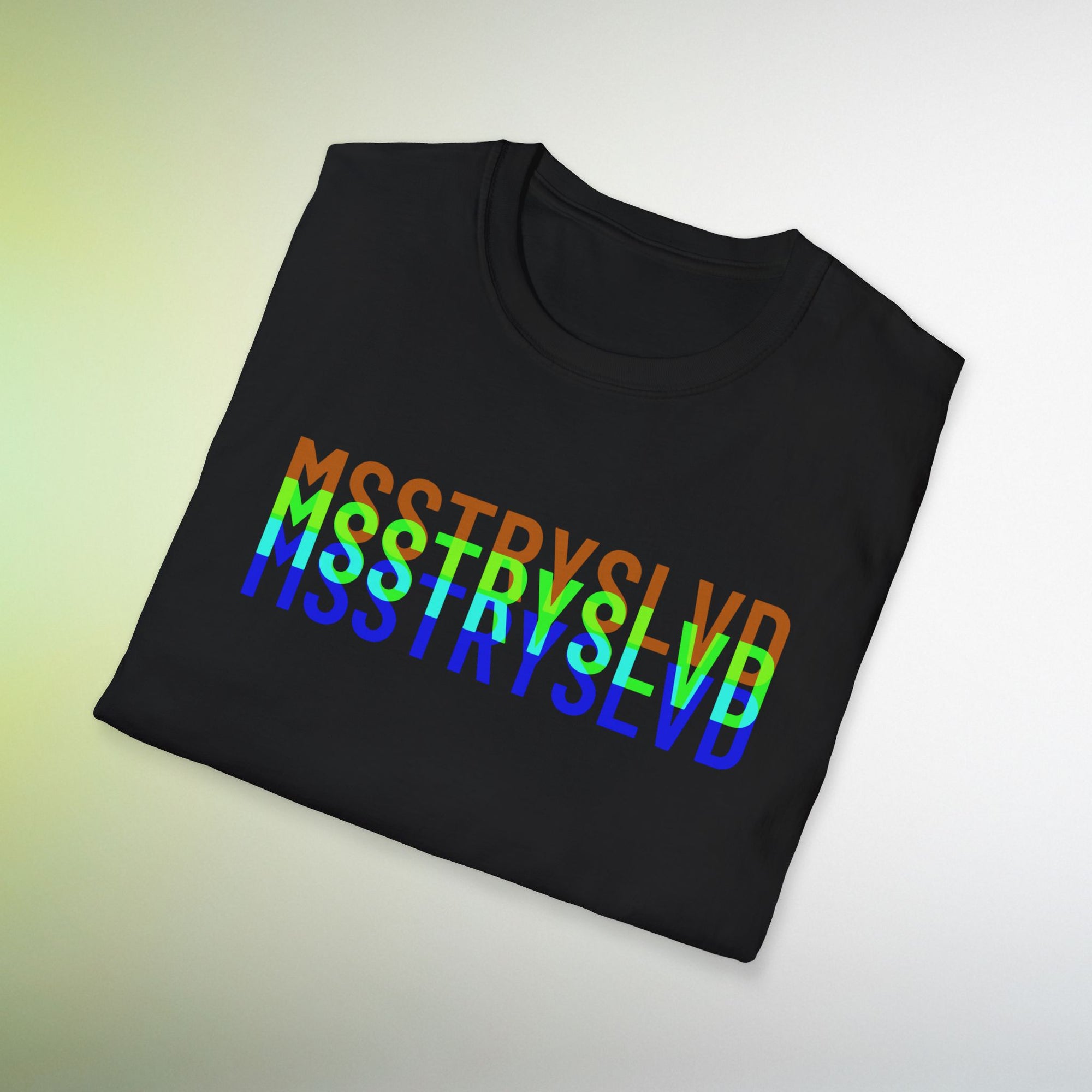 MSSTRYSLVD Neon Glitch Type T-Shirt – Bold Text Unisex Shirt, Typography Lovers Gift
