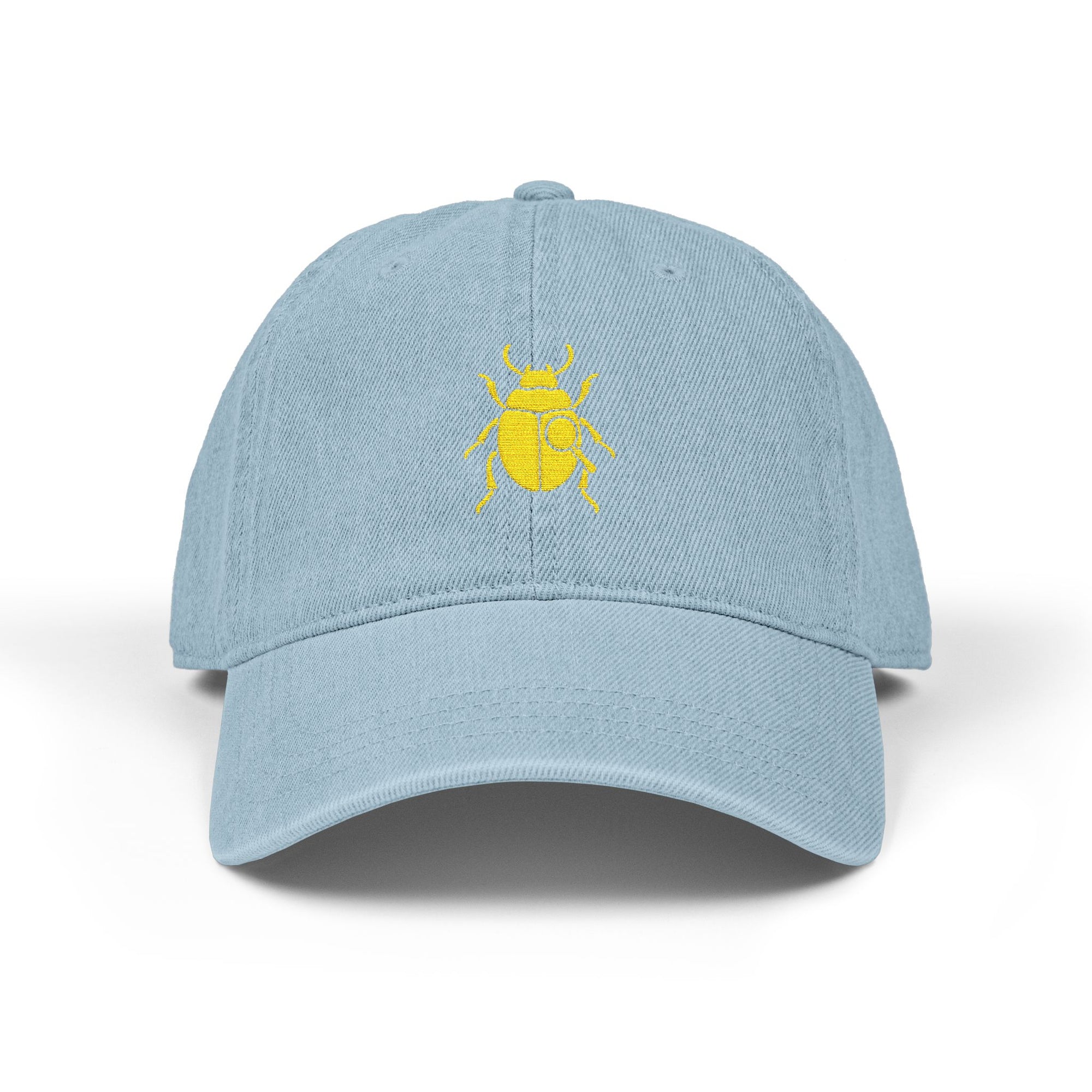 Denim Cap with Gold Beetle Embroidery – Retro Bug Design, Cool Streetwear Golden Insect Aesthetic Cap