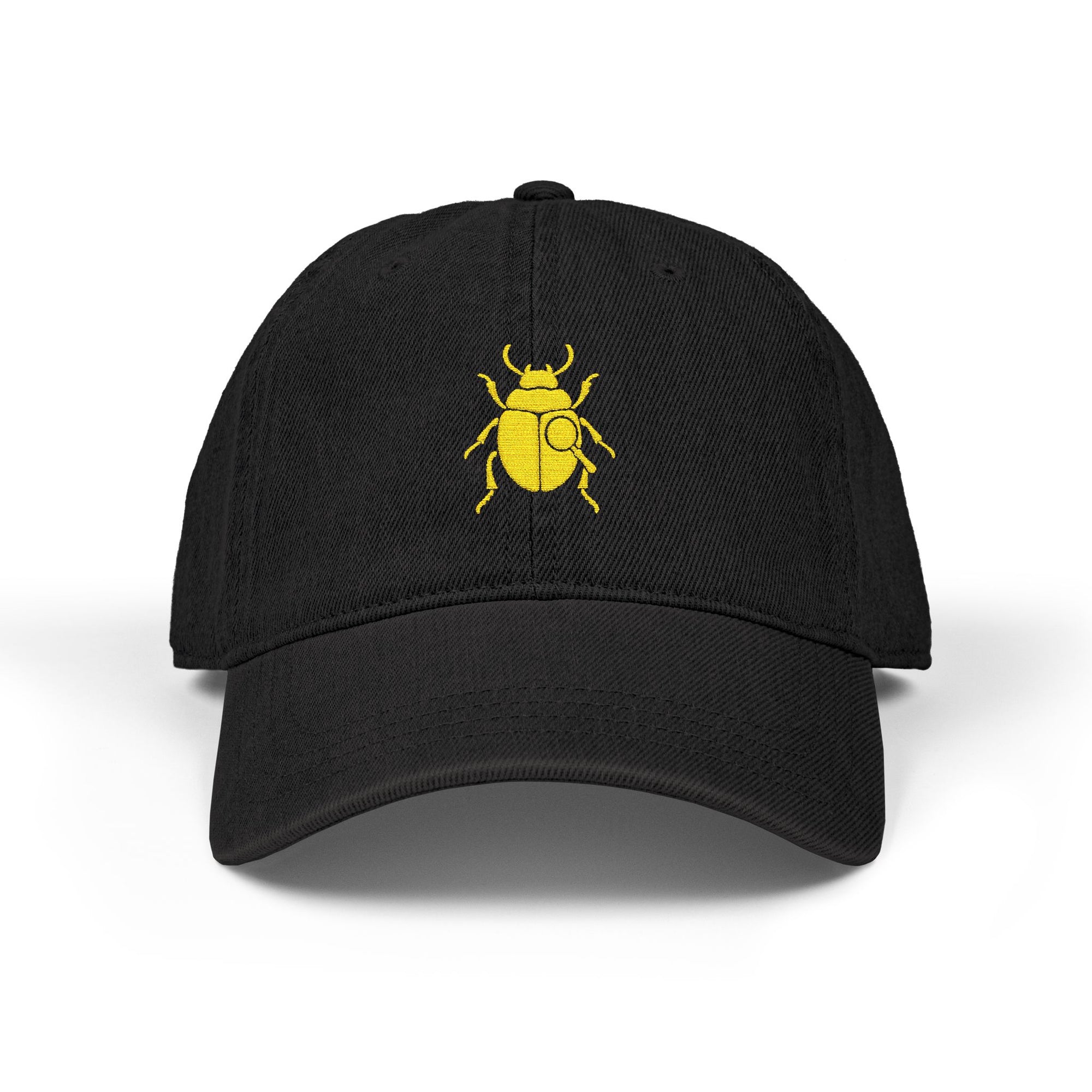 Denim Cap with Gold Beetle Embroidery – Retro Bug Design, Cool Streetwear Golden Insect Aesthetic Cap