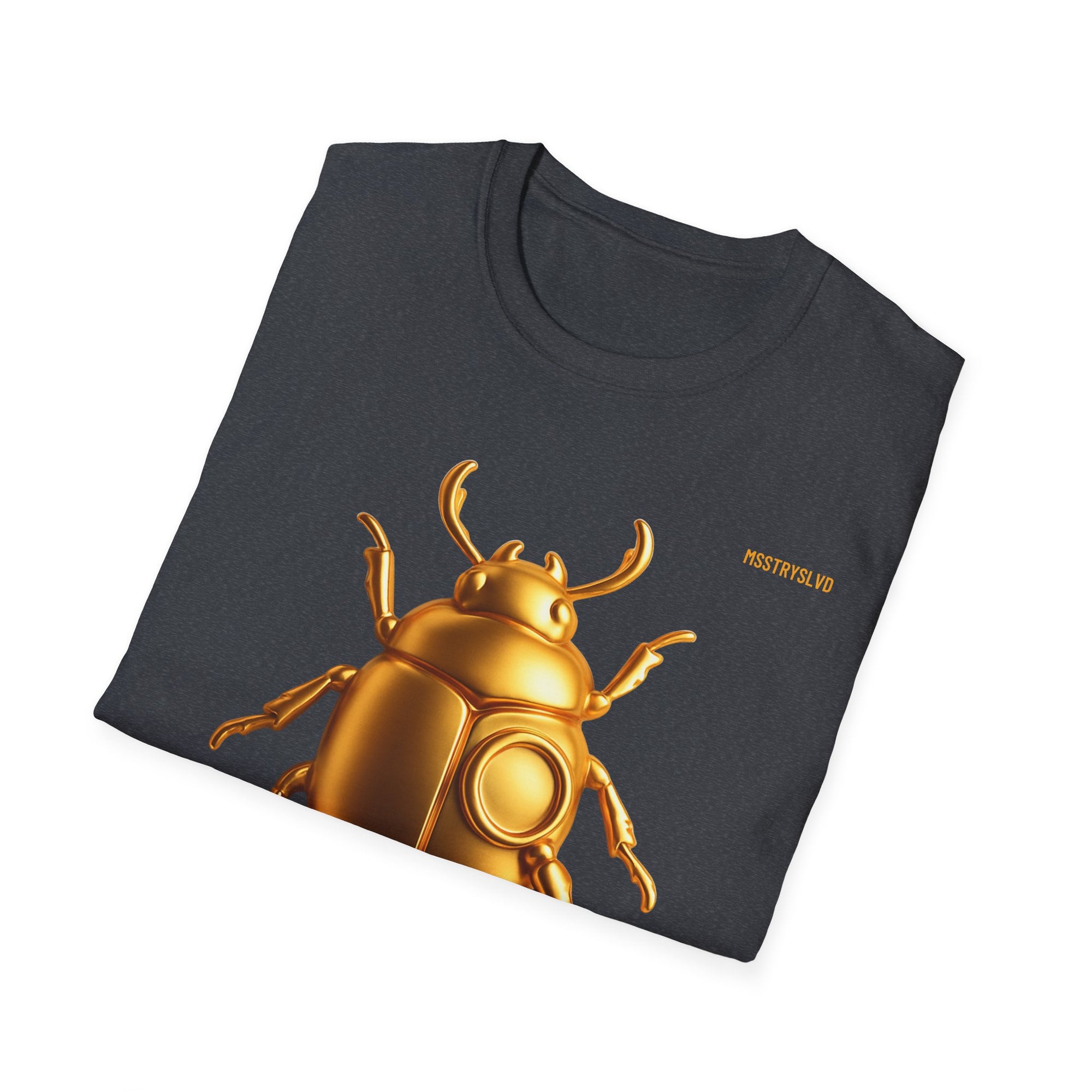 Gold Scarab Beetle T-Shirt – Futuristic Metallic Insect Graphic Print Tee | Golden Beetle Mystery | Streetwear Unisex T-Shirt