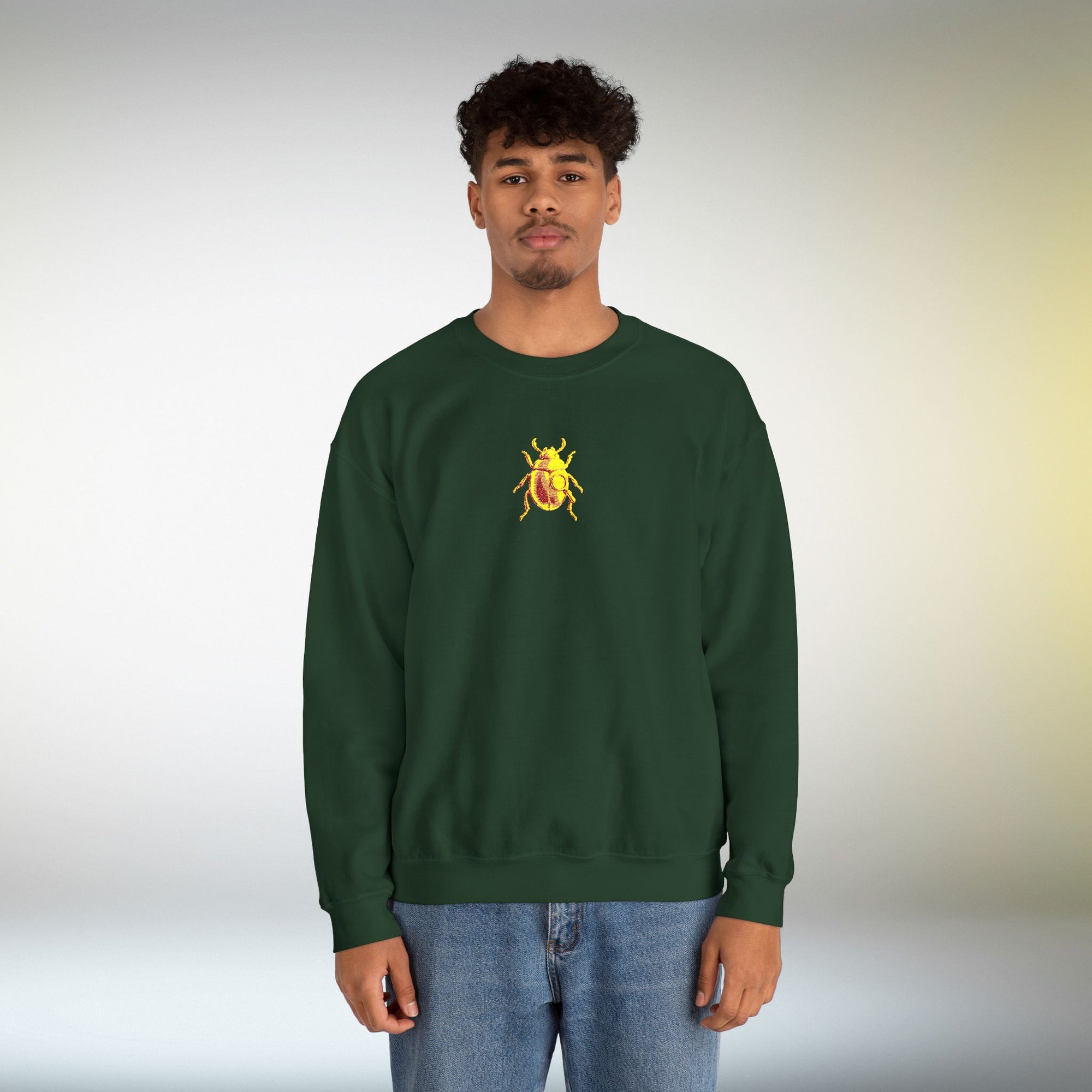 Embroidered Golden Beetle Sweatshirt | Minimal Mystery Insect Design | Unisex Long Sleeve Crewneck | Retro Aesthetic Streetwear