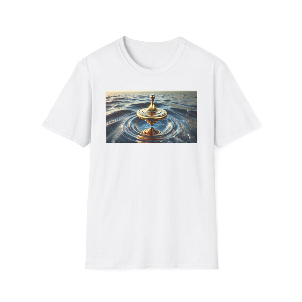 Golden Balance T-Shirt – Surreal Spinning Top Over Water | Reflective Zen Aesthetic Tee