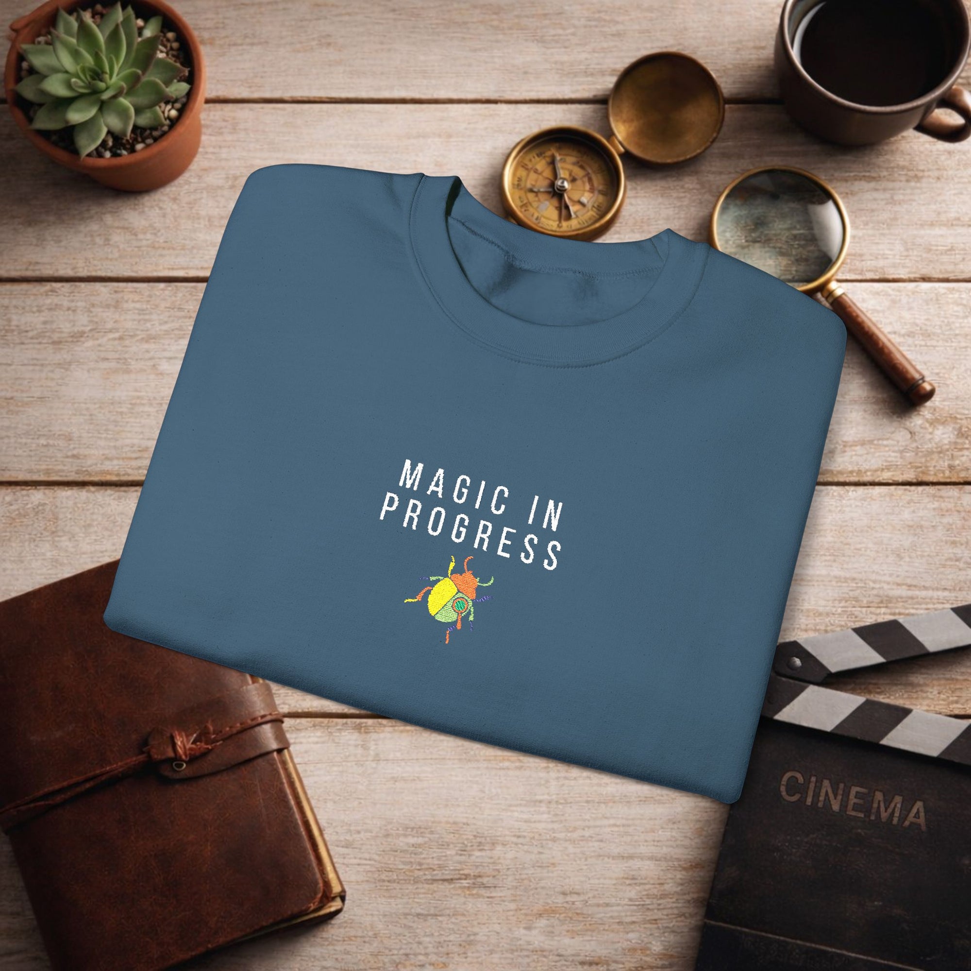 Magic in Progress Embroidered Sweatshirt | Minimal Motivational Crewneck, Premium Unisex Embroidery, Cozy Everyday Wear
