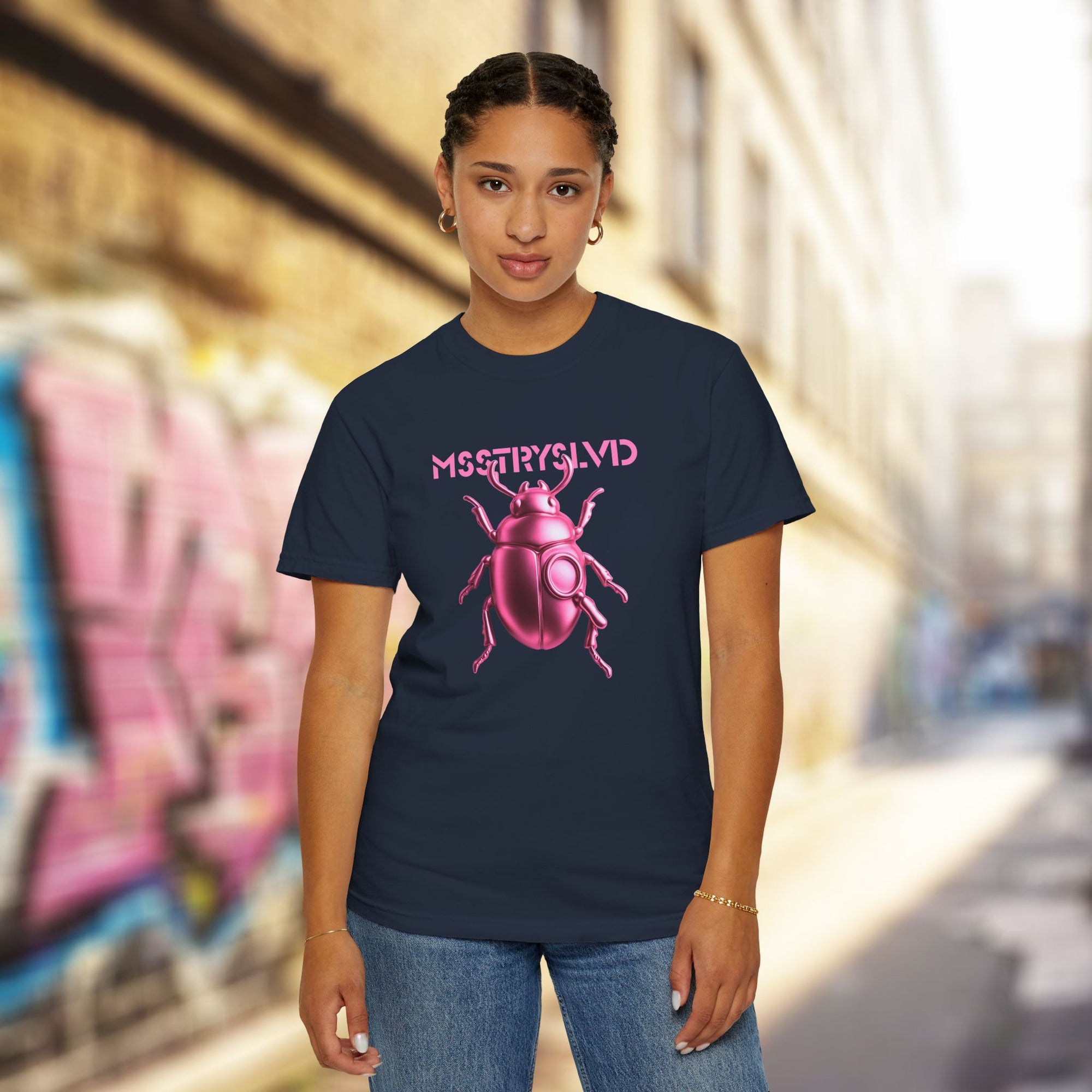 Cyber Beetle Graphic T-Shirt – Futuristic Insect Streetwear Tee, Neon Pink Bug Design Techwear Top For Men & Women