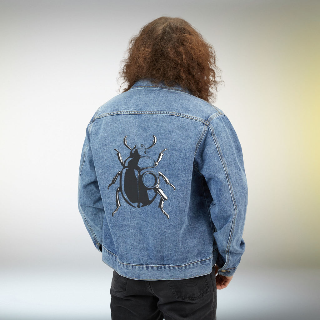 Beetle Back Denim Jacket For Men | Graphic Insect Art Jean Jacket | Unisex Statement Outerwear | Mystery Bold Aesthetic Streetwear