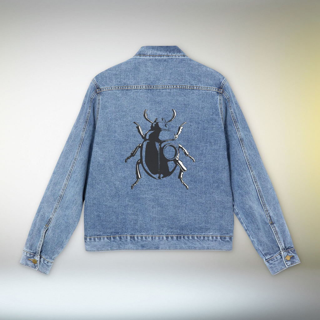 Beetle Back Denim Jacket For Men | Graphic Insect Art Jean Jacket | Unisex Statement Outerwear | Mystery Bold Aesthetic Streetwear
