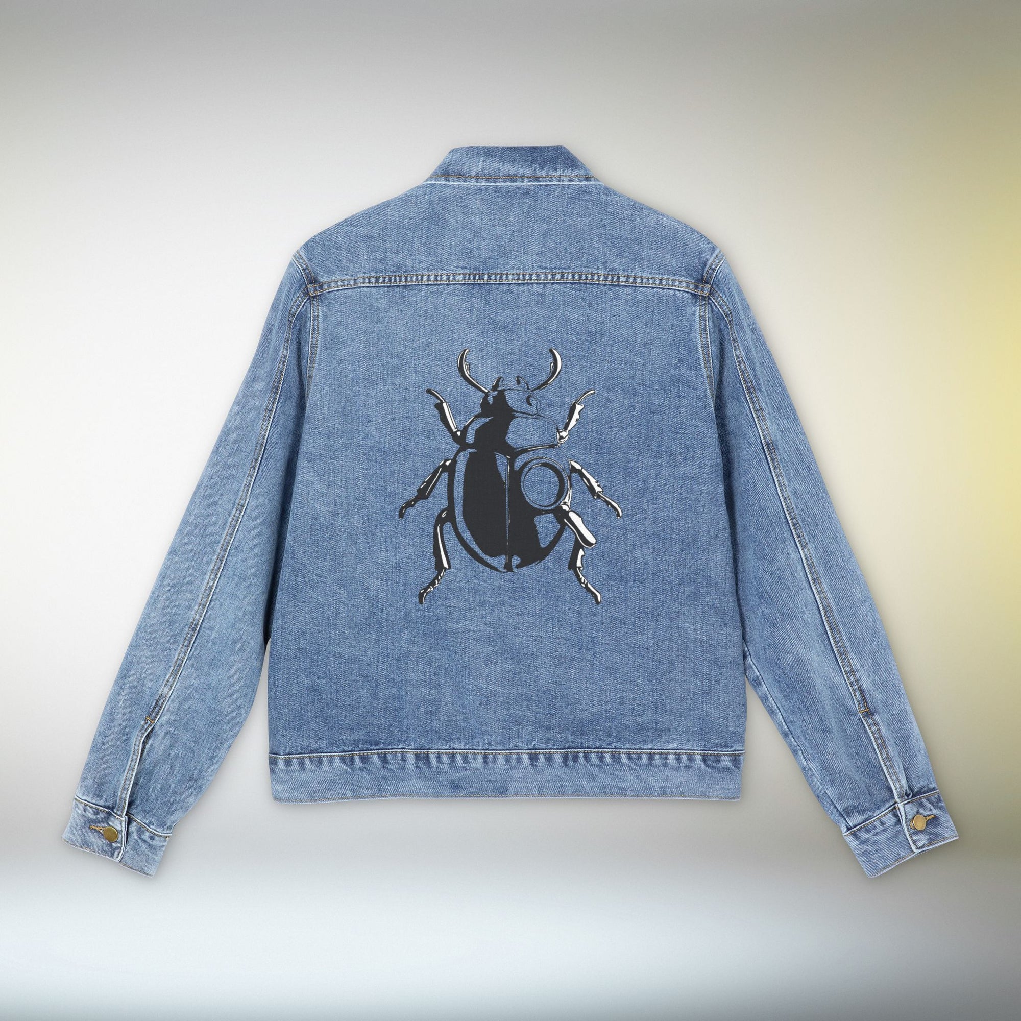Beetle Back Denim Jacket For Men | Graphic Insect Art Jean Jacket | Unisex Statement Outerwear | Mystery Bold Aesthetic Streetwear