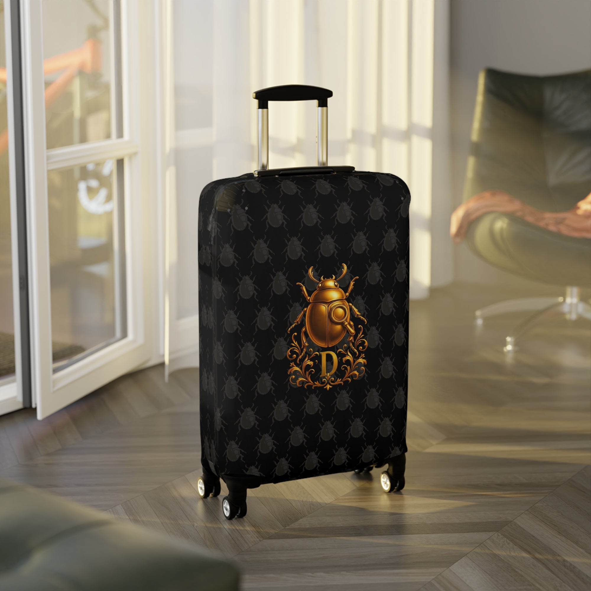 Golden Beetle Initial 'D' Luggage Cover Travel Suitcase Mid-Century Vintage Style