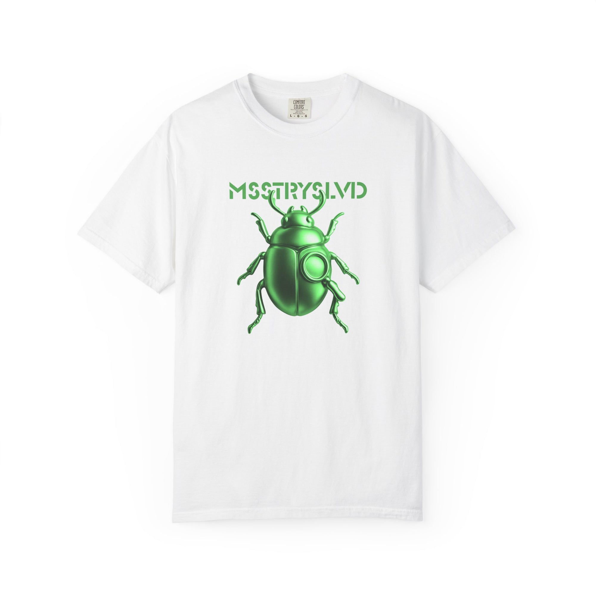 Cyber Beetle Graphic T-Shirt – Futuristic Insect Streetwear Tee, Neon Emerald Green Bug Design Techwear Top For Men & Women