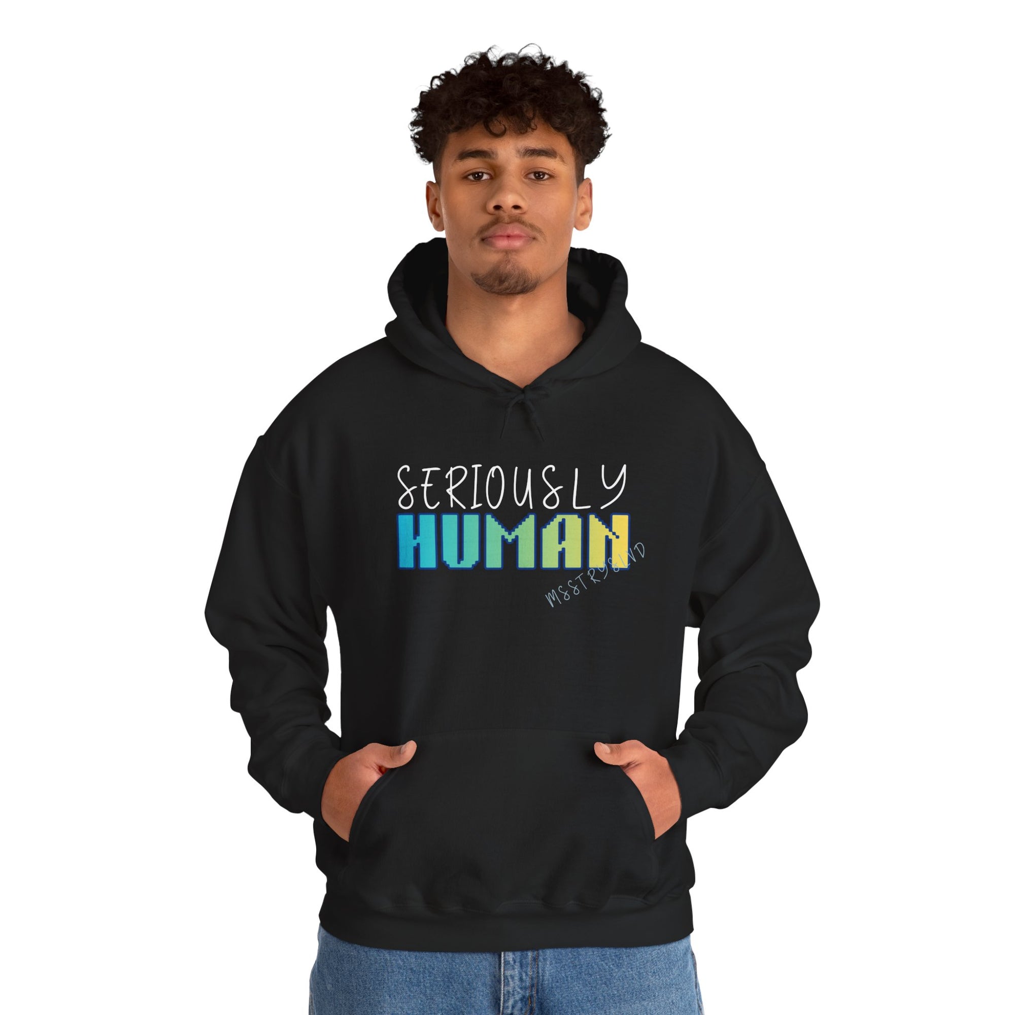Embroidered 'Seriously Human' Heavy Blend™ Hooded Sweatshirt Quote Retro Pixel