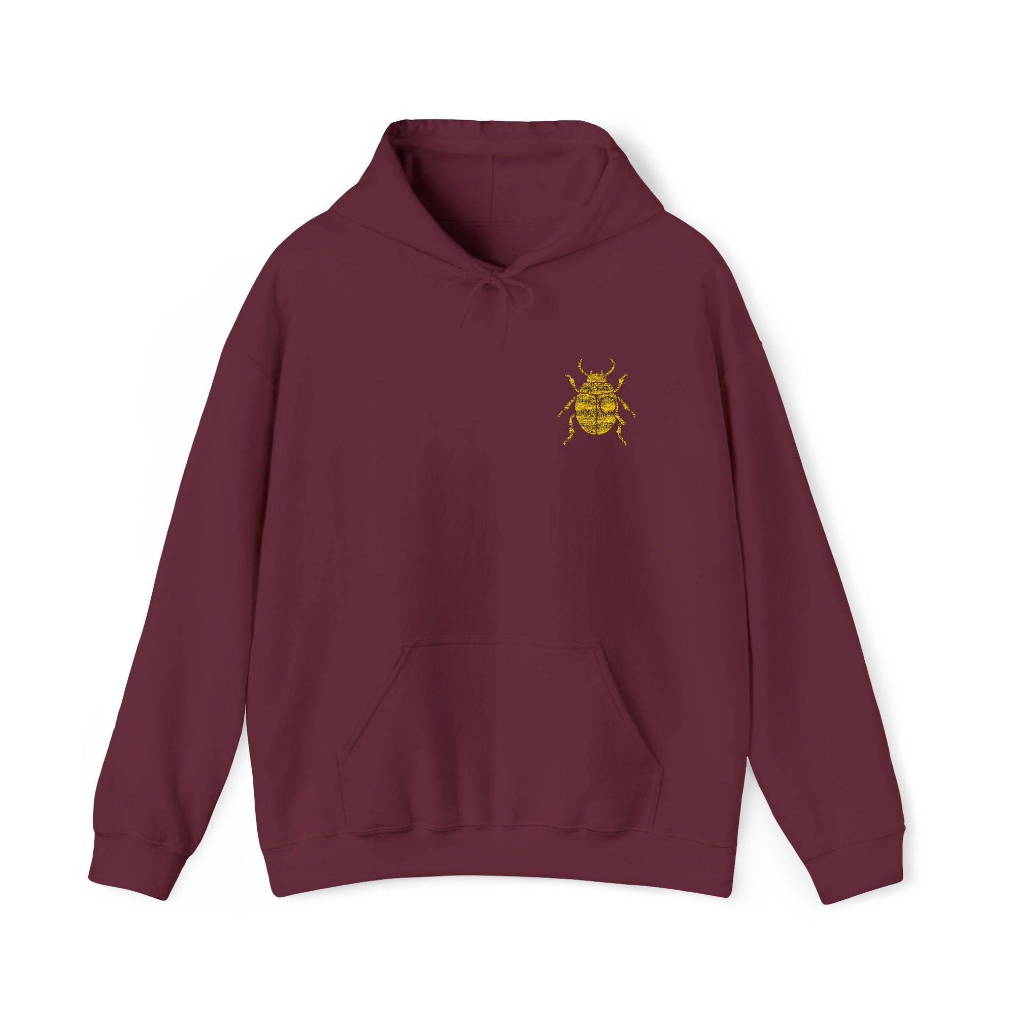 Gold Beetle Embroidered Hoodie – Futuristic Steampunk Insect, Unique Golden Bug Fashion Top | Unisex Heavy Blend Hooded Sweatshirt