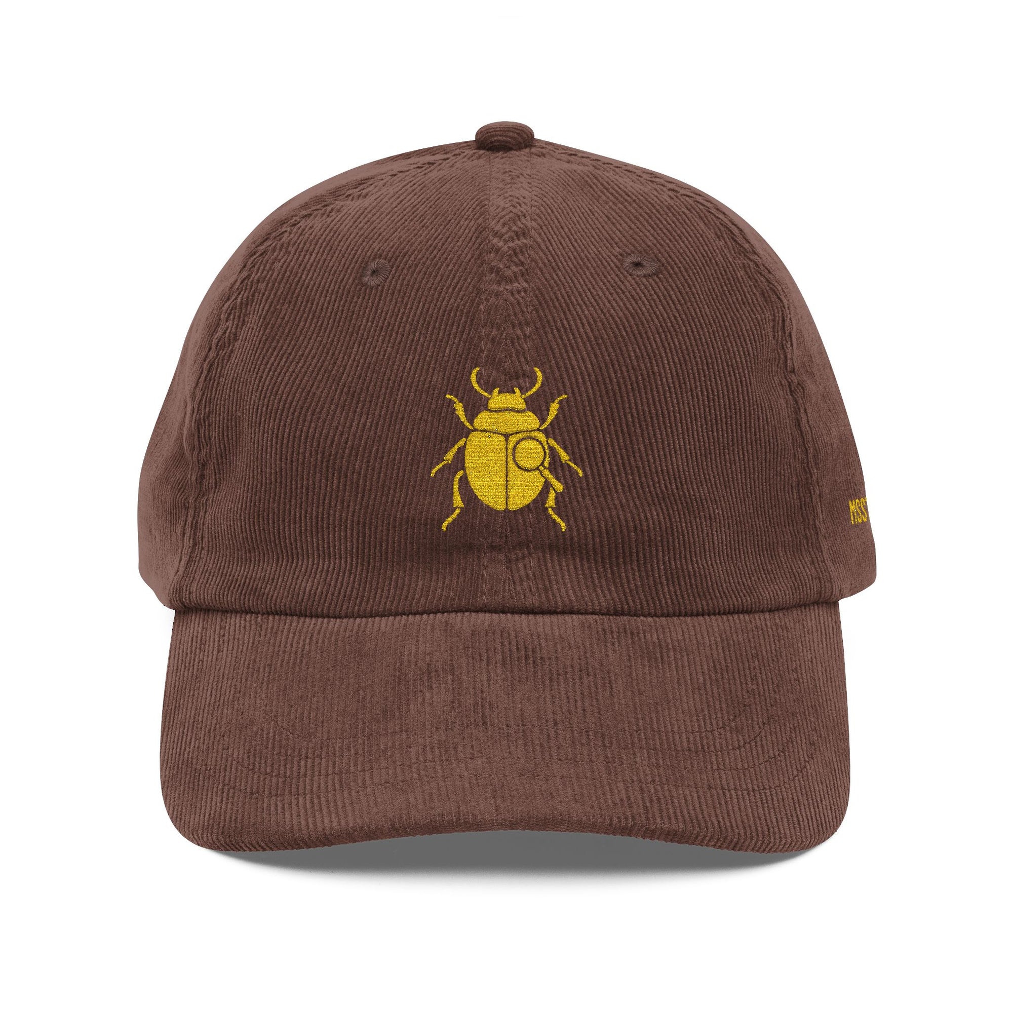 Vintage Corduroy Cap with Gold Beetle Embroidery – Retro Bug Design, Cool Streetwear Golden Insect Aesthetic Cap