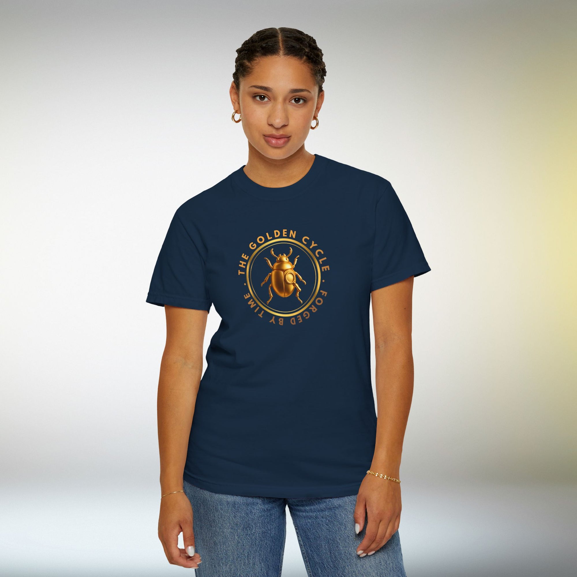 Golden Beetle T Shirt Minimal Emblem | The Golden Cycle Tee | Luxury Scarab Symbol Shirt | Slogan Unisex Graphic T-Shirt