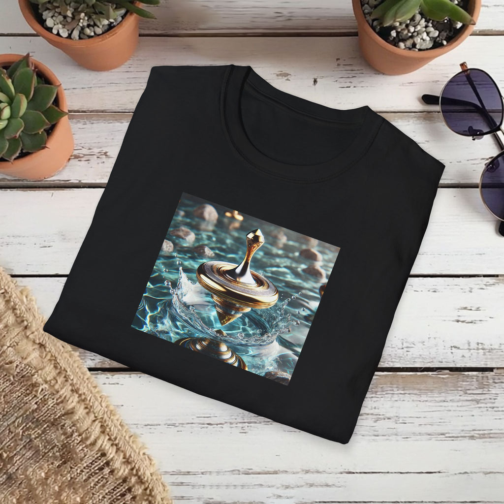 Golden Motion T-Shirt – Lux Surreal Spinning Top Art | Balance & Brilliance Graphic Tee