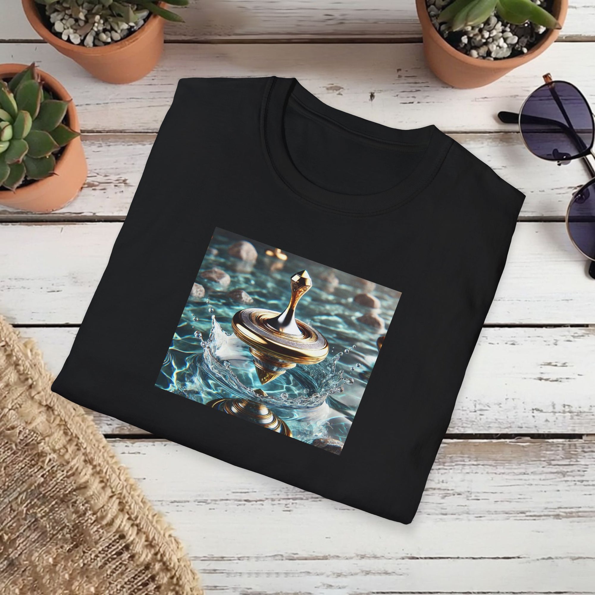 Golden Motion T-Shirt – Lux Surreal Spinning Top Art | Balance & Brilliance Graphic Tee