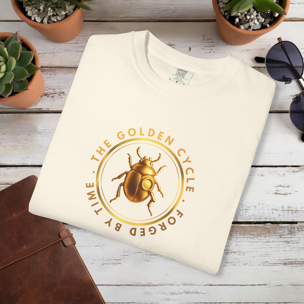 Golden Beetle T Shirt Minimal Emblem | The Golden Cycle Tee | Luxury Scarab Symbol Shirt | Slogan Unisex Graphic T-Shirt