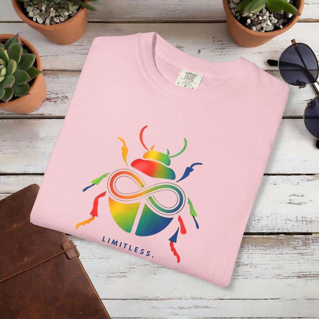 Limitless Beetle T Shirt | Infinity Symbol Graphic Tee | Colorful Scarab Art Shirt | Motivational Streetwear T-Shirt | Unisex Tee