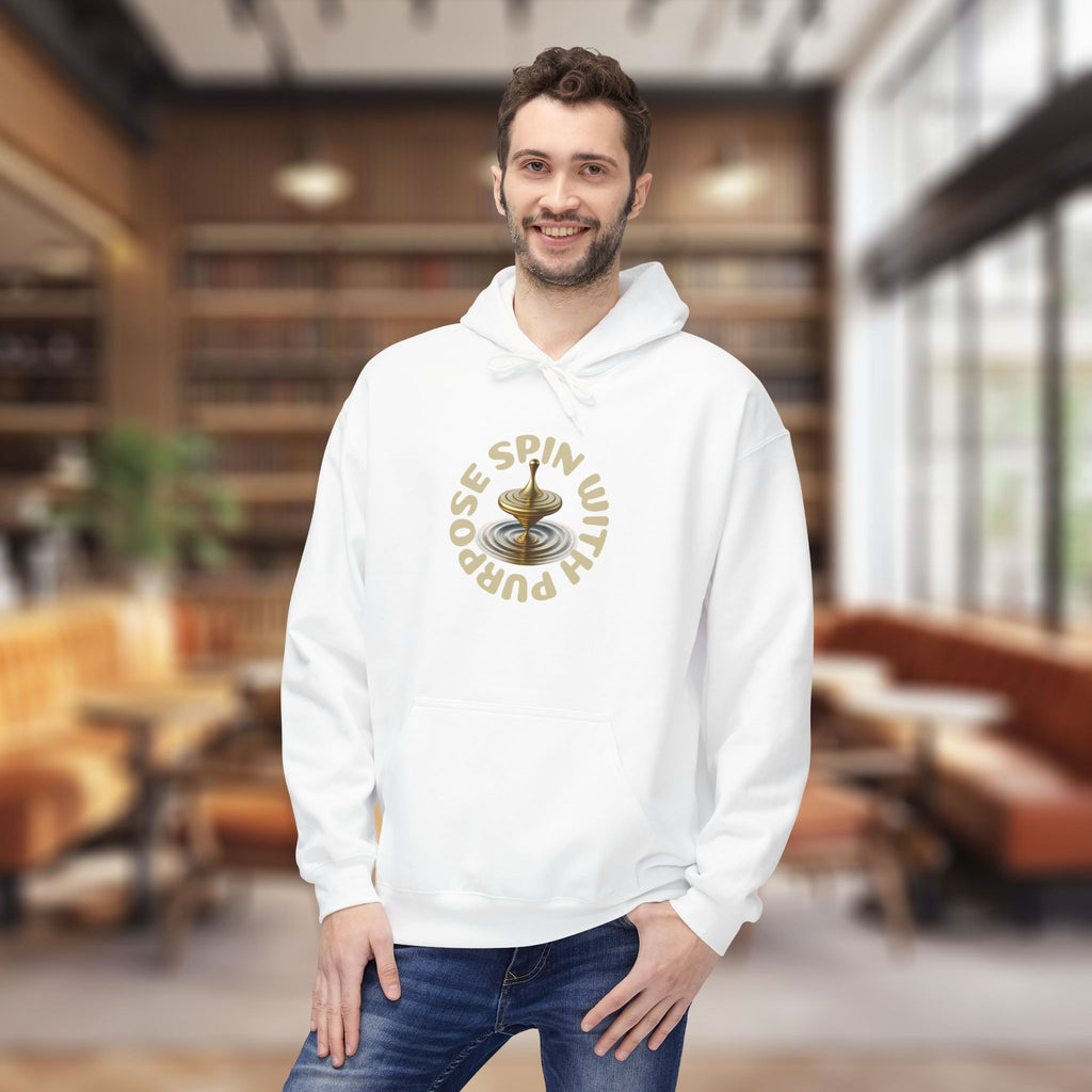Spin With Purpose Hoodie – Mindful Motivation Streetwear | Gold Spinning Top Design