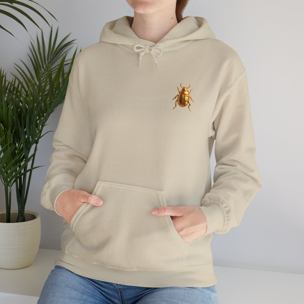 Gold Scarab Beetle Hoodie – Futuristic Steampunk Insect | Unisex Heavy Blend Hooded Sweatshirt Front and Back Graphic
