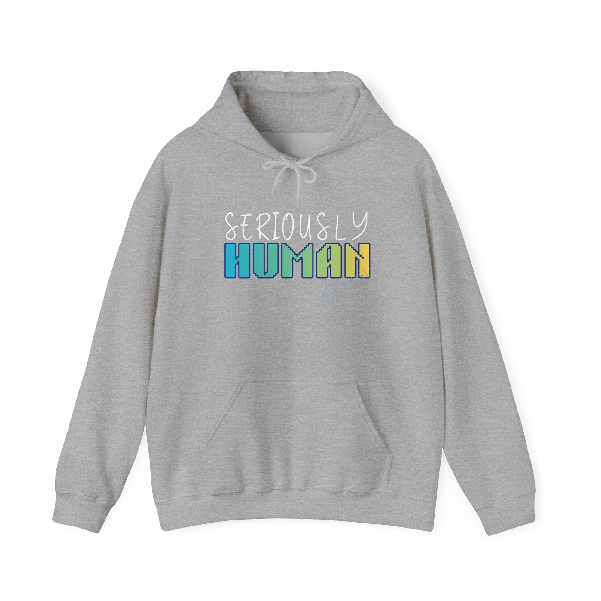 Embroidered 'Seriously Human' Heavy Blend™ Hooded Sweatshirt Quote Retro Pixel