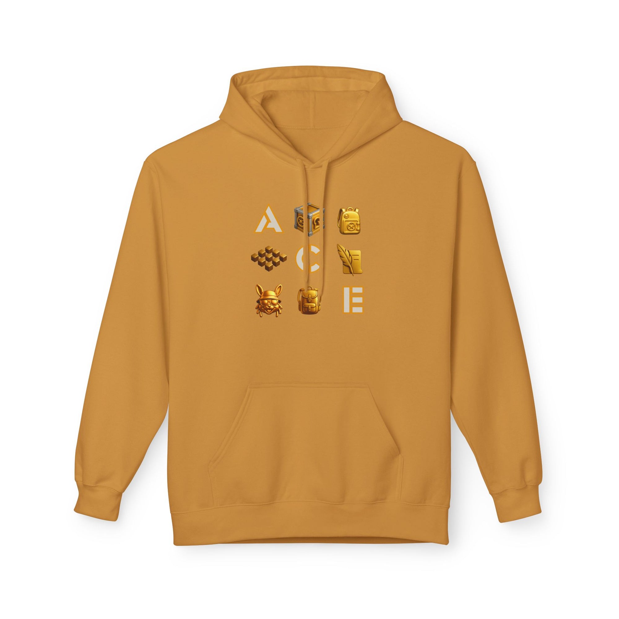 ACE Icon Hoodie – Golden Vault Game Symbols, Retro Gamer Puzzle Graphic Hoodie