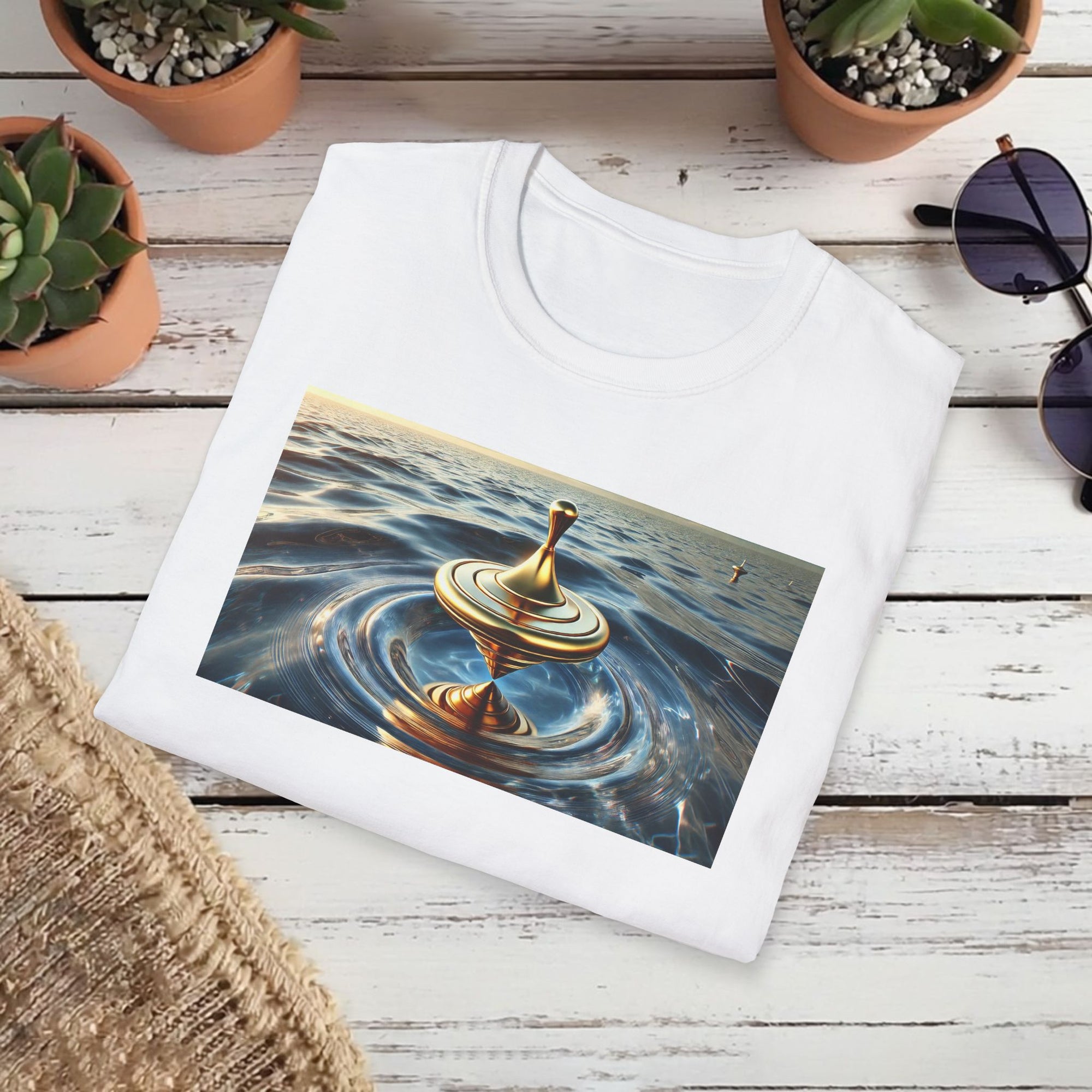Golden Balance T-Shirt – Surreal Spinning Top Over Water | Reflective Zen Aesthetic Tee