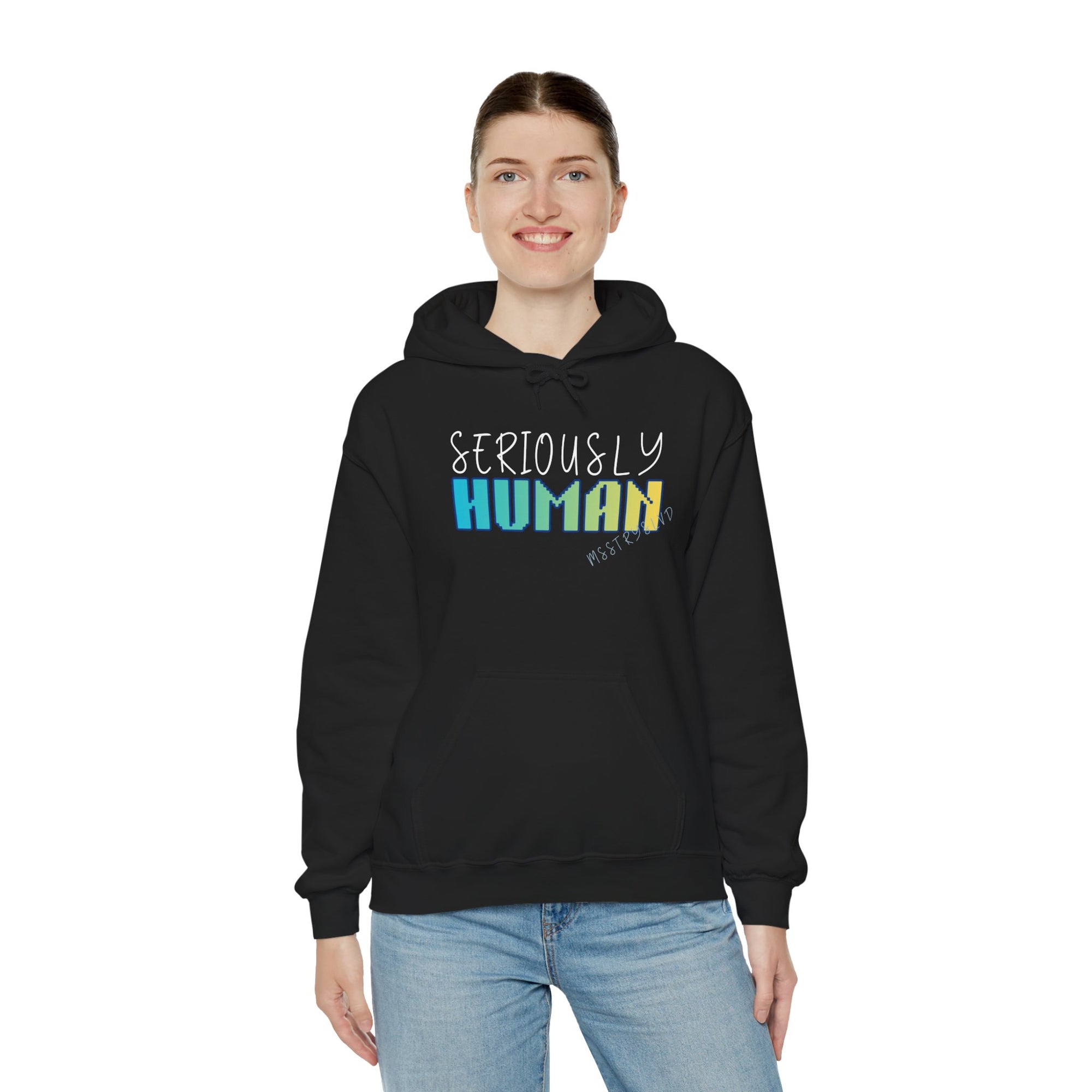 Embroidered 'Seriously Human' Heavy Blend™ Hooded Sweatshirt Quote Retro Pixel