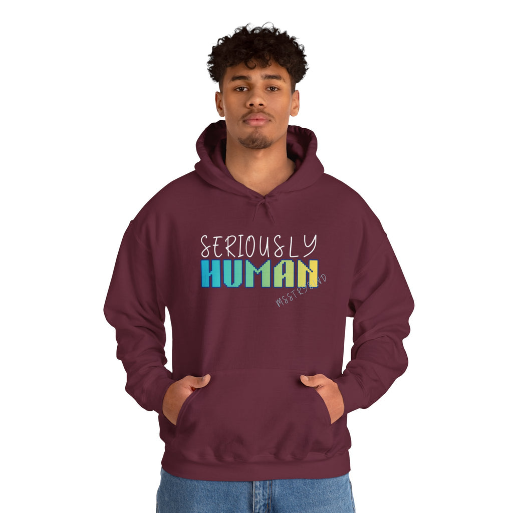 Embroidered 'Seriously Human' Heavy Blend™ Hooded Sweatshirt Quote Retro Pixel