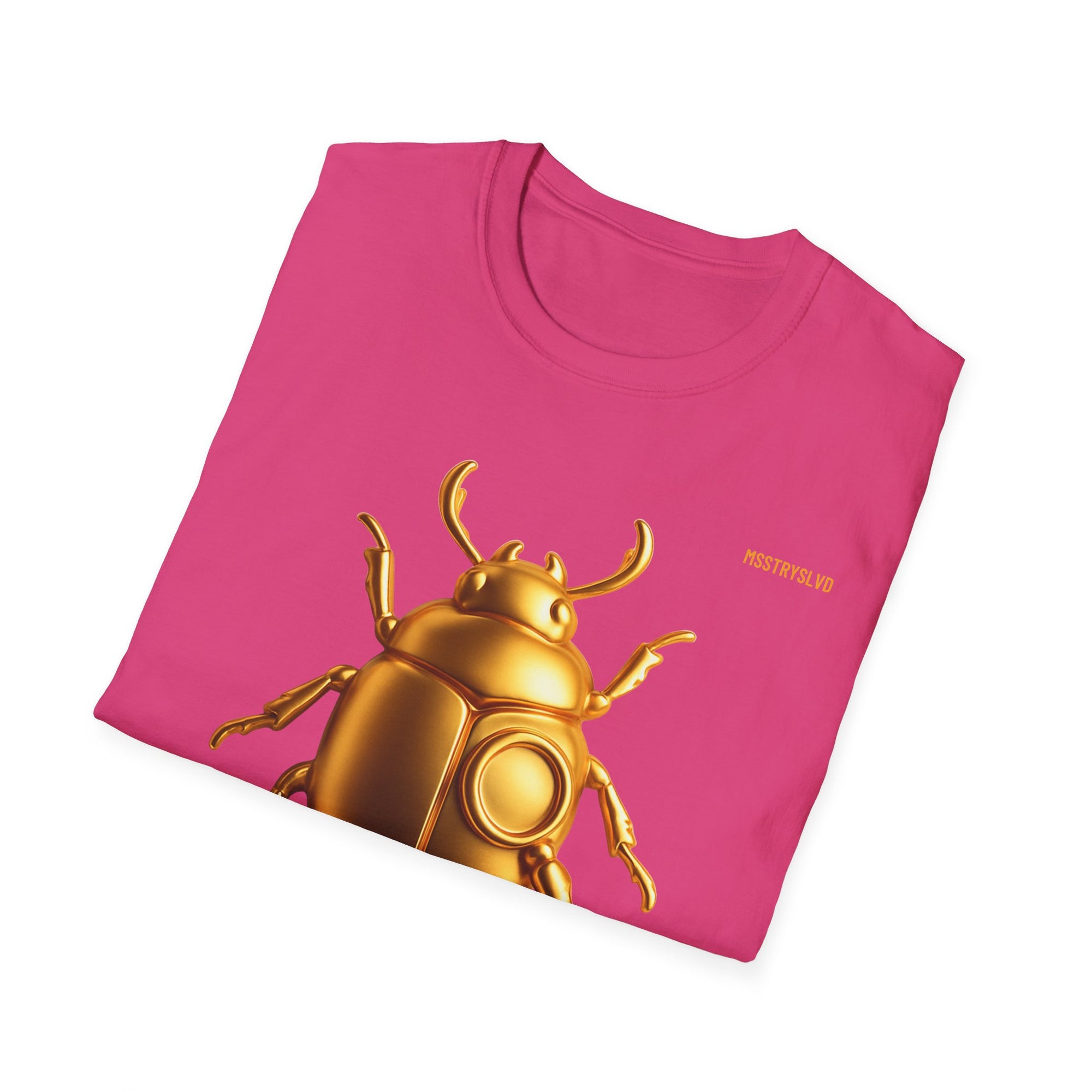 Gold Scarab Beetle T-Shirt – Futuristic Metallic Insect Graphic Print Tee | Golden Beetle Mystery | Streetwear Unisex T-Shirt