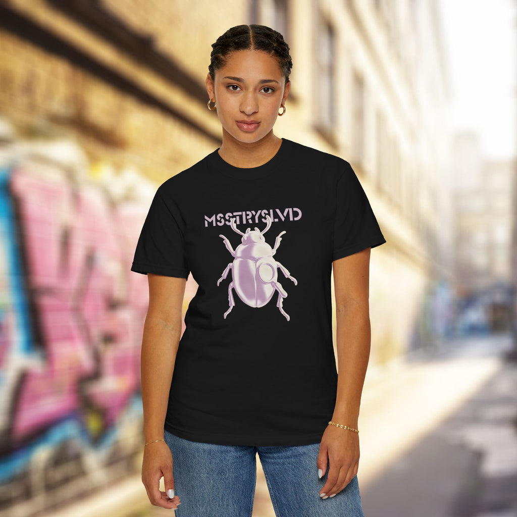 Cyber Beetle Graphic T-Shirt – Futuristic Insect Streetwear Tee, Silver Bug Design Techwear Top For Men & Women