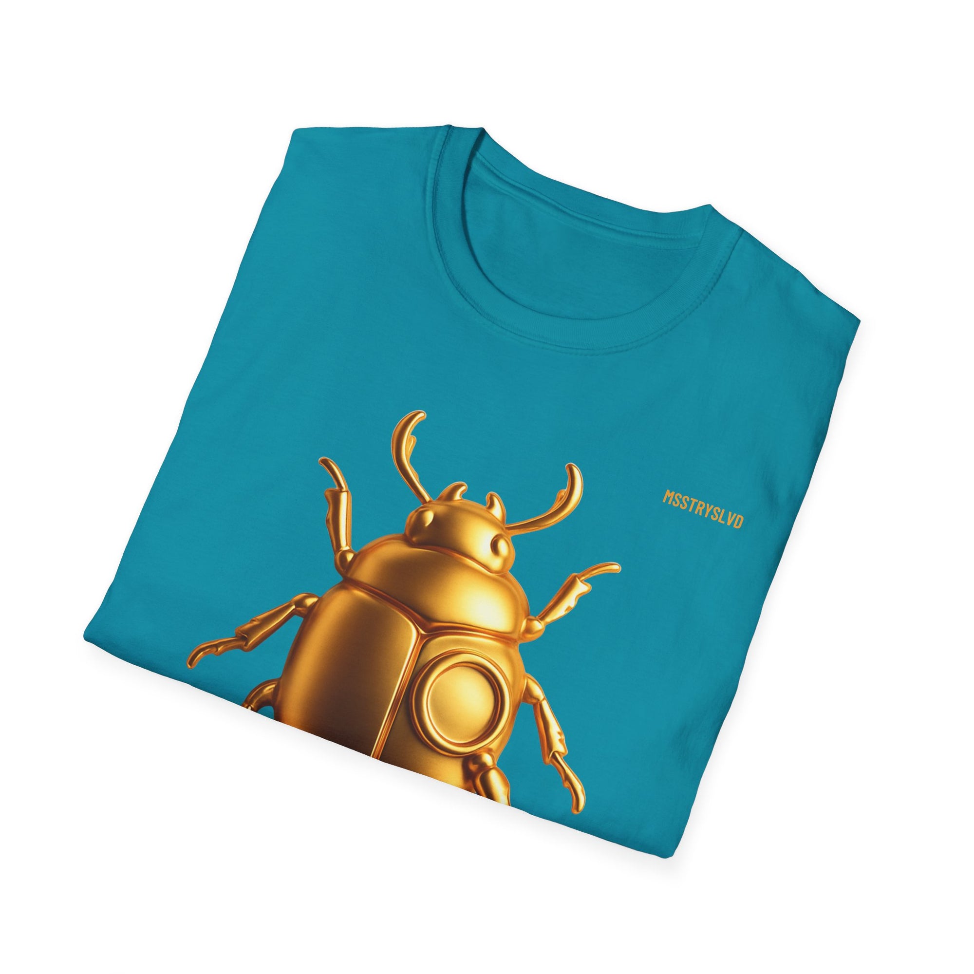 Gold Scarab Beetle T-Shirt – Futuristic Metallic Insect Graphic Print Tee | Golden Beetle Mystery | Streetwear Unisex T-Shirt
