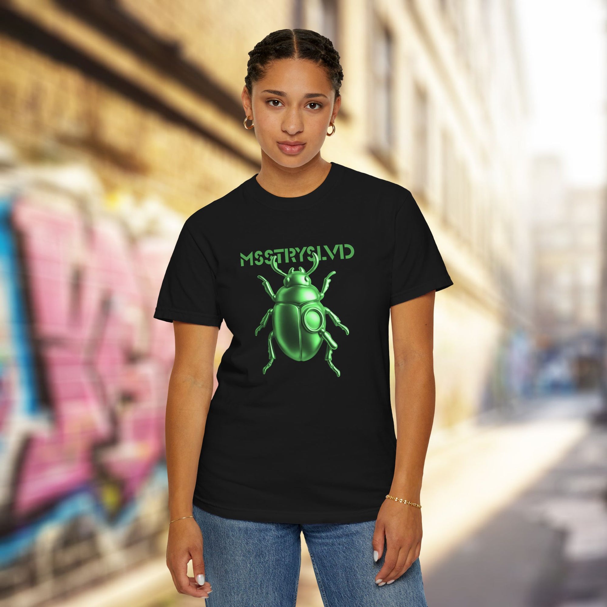 Cyber Beetle Graphic T-Shirt – Futuristic Insect Streetwear Tee, Neon Emerald Green Bug Design Techwear Top For Men & Women