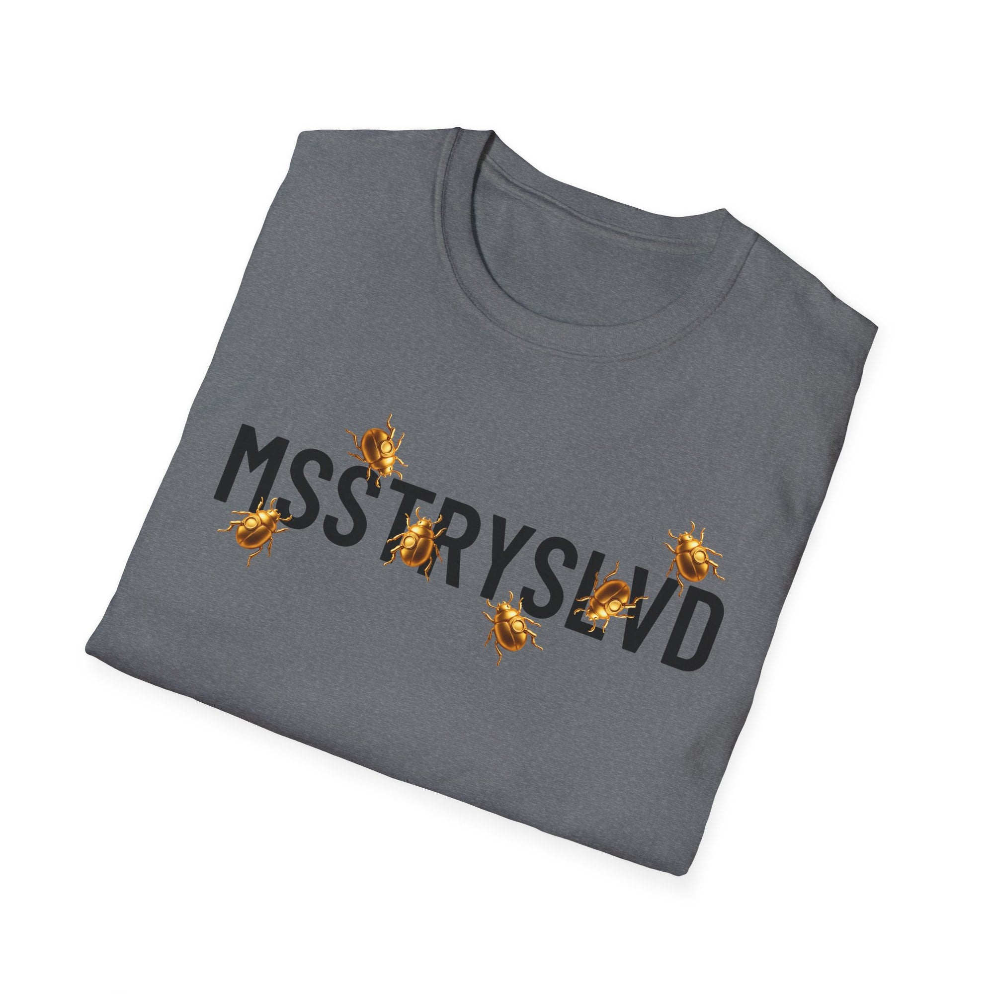 MSSTRYSLVD Golden Beetle T-Shirt – Graphic Tee, Aesthetic Mystery Shirt, Bold Typography Unisex Top, Cryptic Insect Design