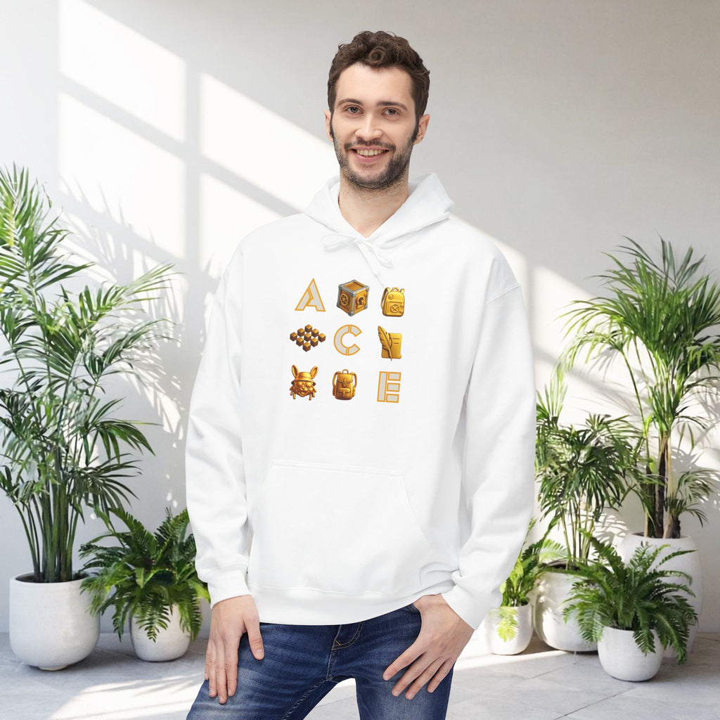 ACE Icon Hoodie – Golden Vault Game Symbols, Retro Gamer Puzzle Graphic Hoodie