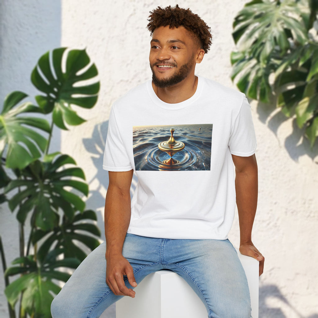Golden Balance T-Shirt – Surreal Spinning Top Over Water | Reflective Zen Aesthetic Tee