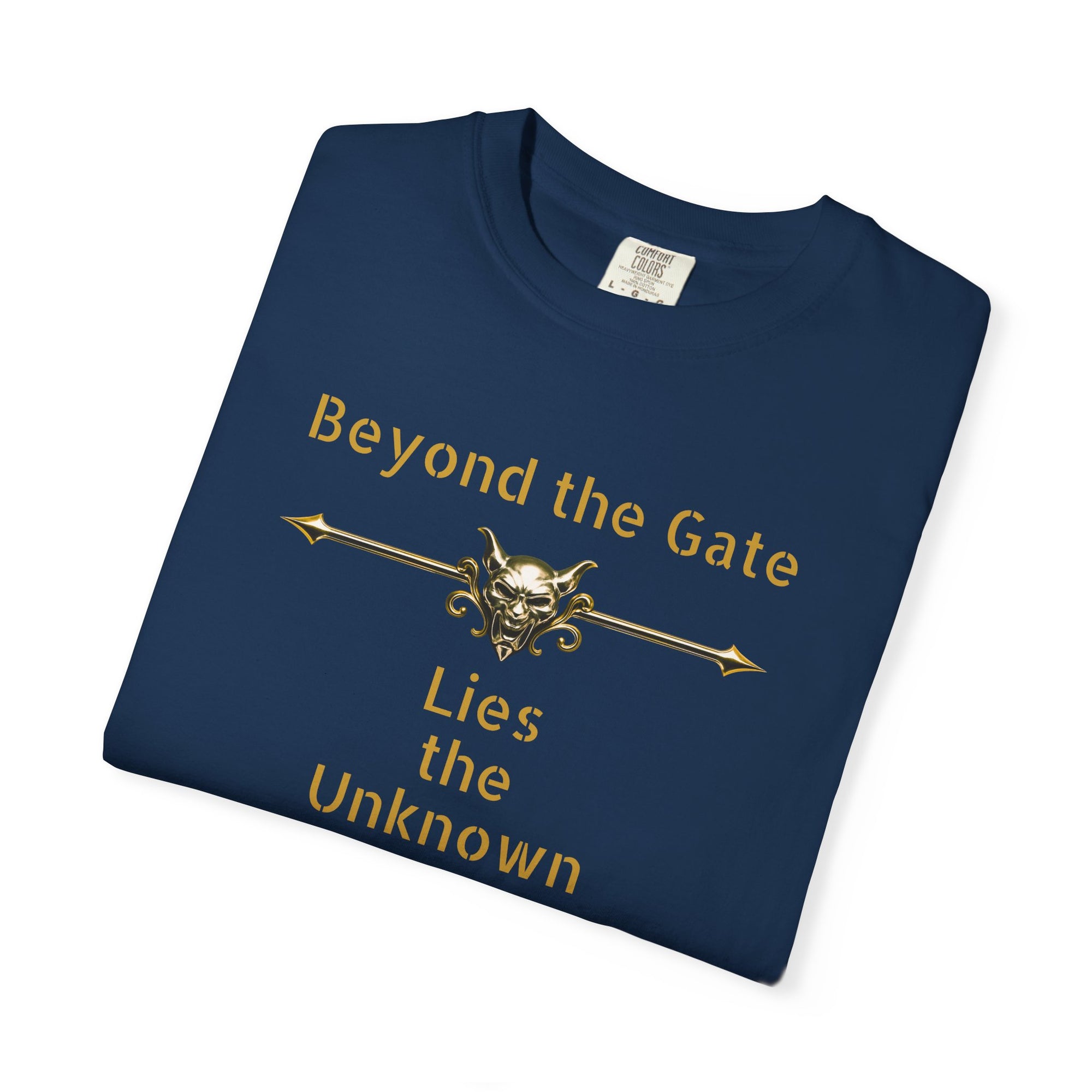Beyond the Gate Lies the Unknown T-Shirt – MSSTRYSLVD® Gold Vault Edition | Dark Fantasy Streetwear for Fearless Players
