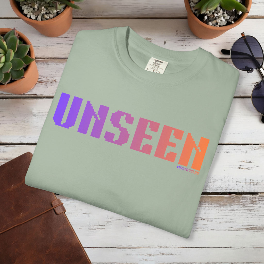 UNSEEN Graphic T Shirt Aesthetic Streetwear Tee, Retro Pixel Unisex Minimal Typography Statement Shirt, Travel Pastel Fashion Top