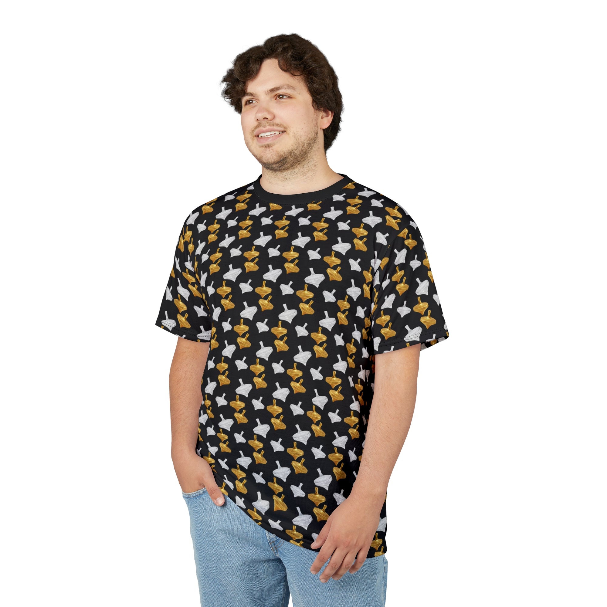 Gold Spinning Top Pattern T-Shirt – All Over Print Designer Tee | Modern Minimalist Unisex Streetwear