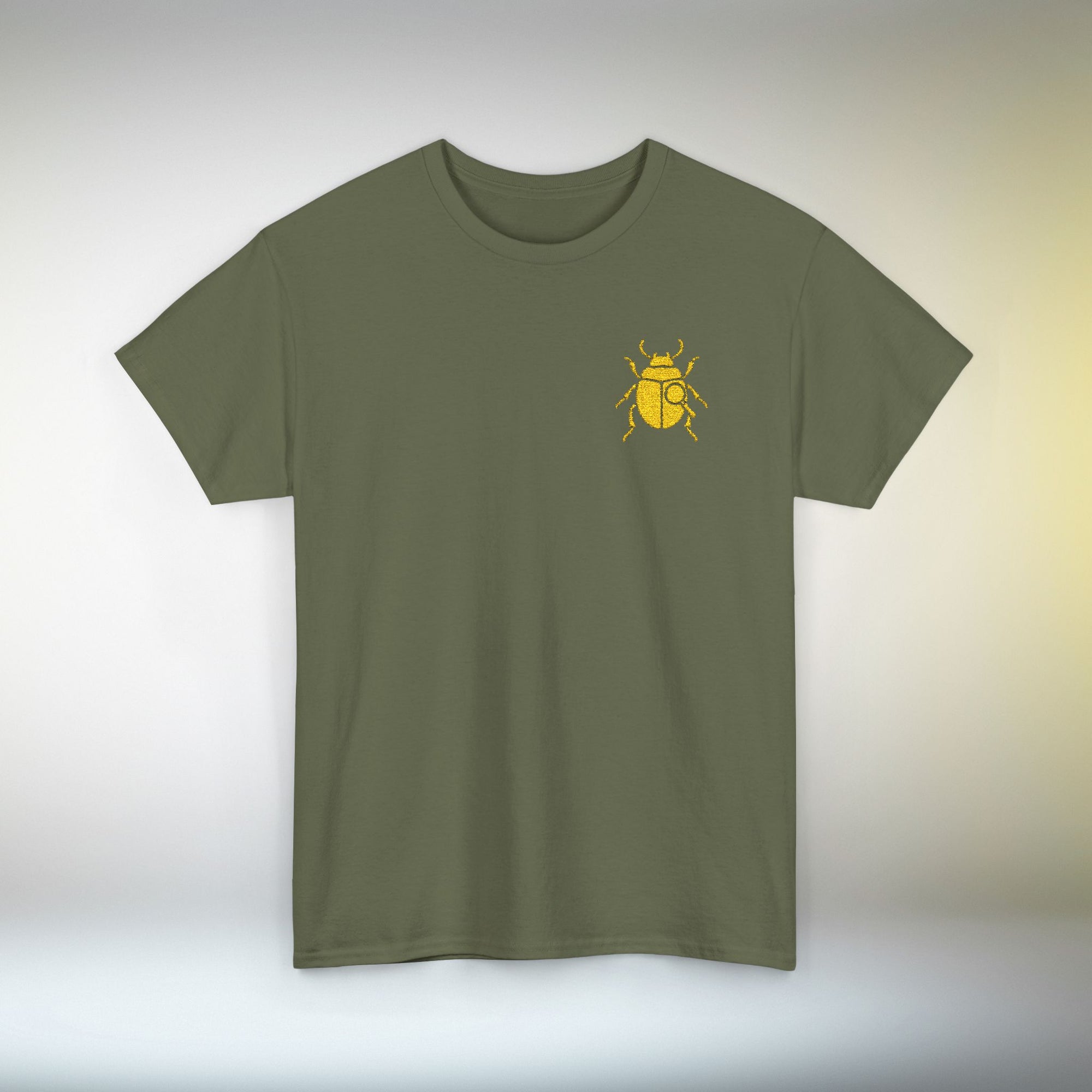 Gold Scarab Beetle Embroidered T-Shirt – Steampunk Insect Design, Unique Golden Bug Cotton Tee for Men & Women