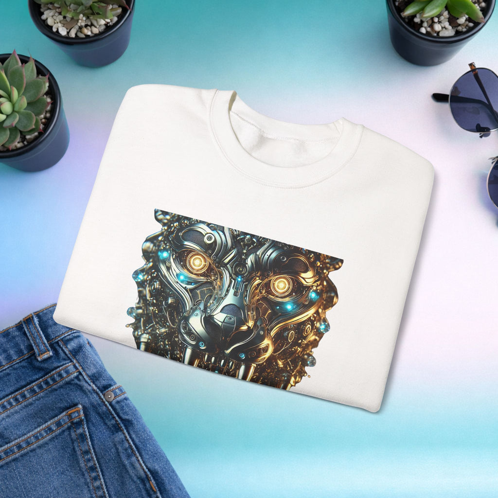 Beyond Cyber Wolf Sweatshirt | Futuristic Mechanical Wolf Graphic Crewneck, Sci-Fi Streetwear Unisex Jumper